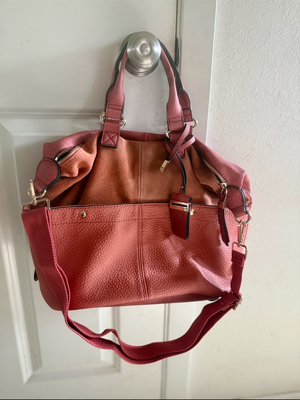 Two-Tone Pink and Terracotta Shoulder Tote with Removable Strap